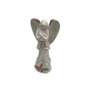 Vintage Greenbrier Porcelain Angel Figurine Gold Trim Pink Roses 6"‎
